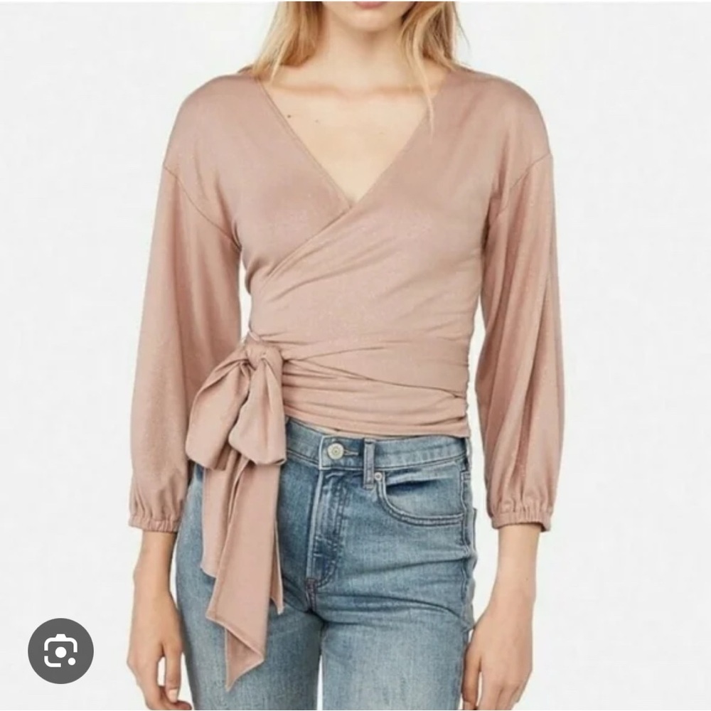 NEW Express x Negin Mirsalehi Blush Pink Sparkle Tie Front Wrap Top